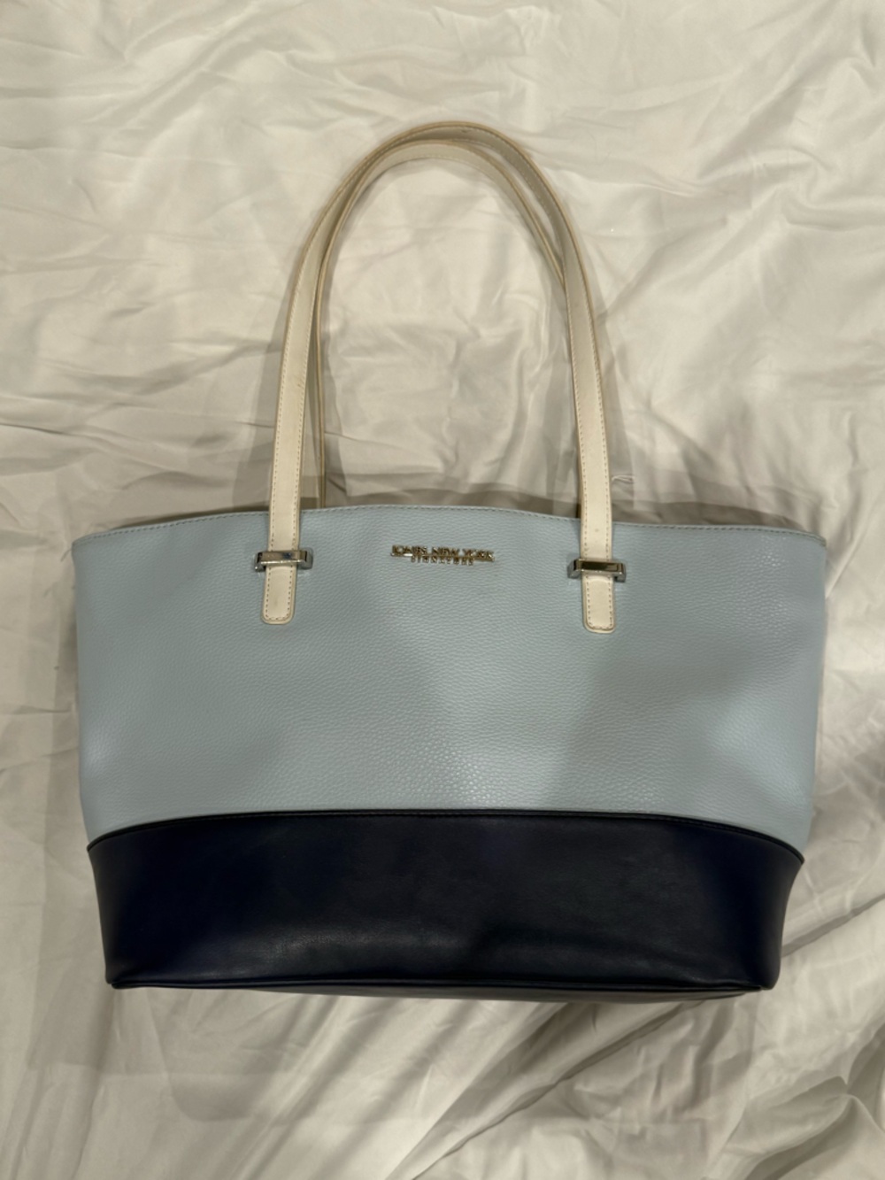 Michael Kors Two-Tone Leather Tote in Light Blue, Black and Cream